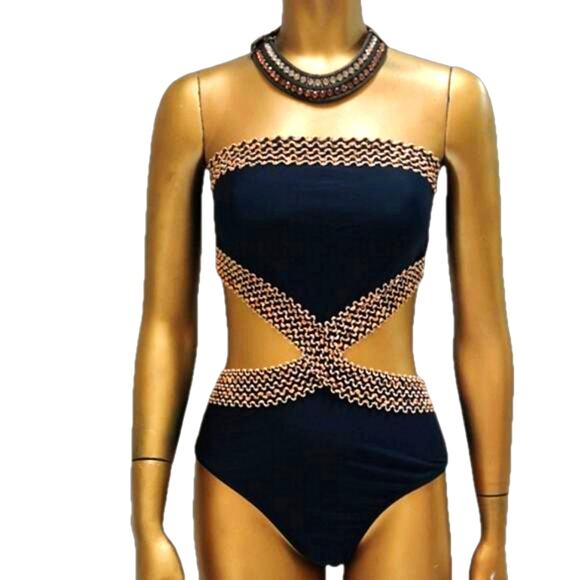 Cut-Out Black One-Piece Swimsuit w/ Gold Mesh Detail | NWOT | Small - Picture 5 of 9